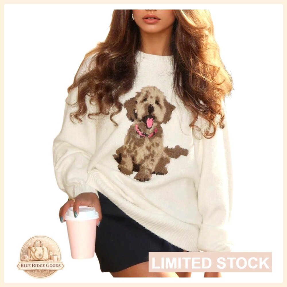 Dog Print Sweater Crew Neck Long Sleeve Knit Pullover Fall Winter